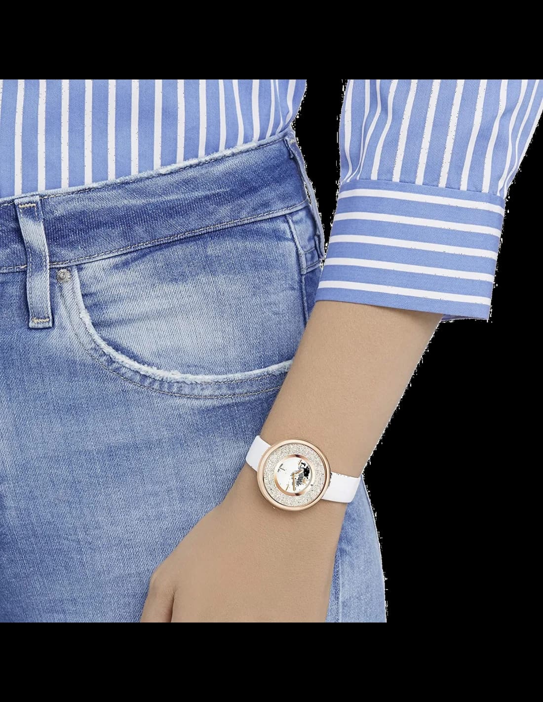 Bracelet Swarovski 5376083 en cuir blanc avec boucle ardillon, contraste doux avec le cadran