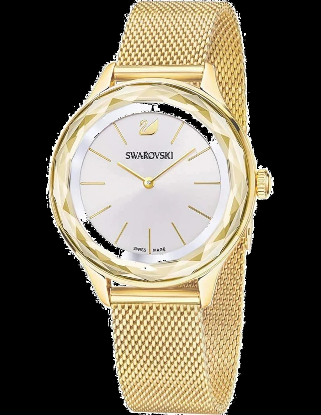 Montre Swarovski 5430417 au cadran blanc nacré avec index cristaux et aiguilles dorées, style élégant