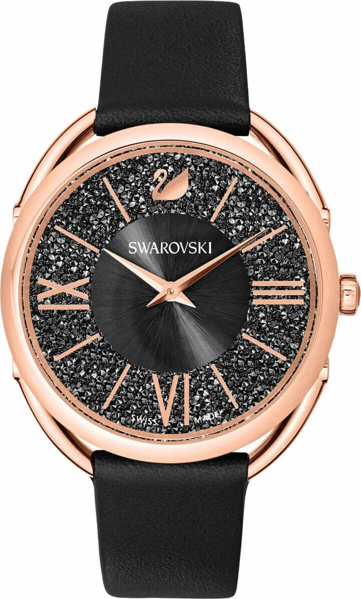 Bracelet Swarovski 5452452 en cuir noir texturé, boucle déployante or rose, finition luxueuse