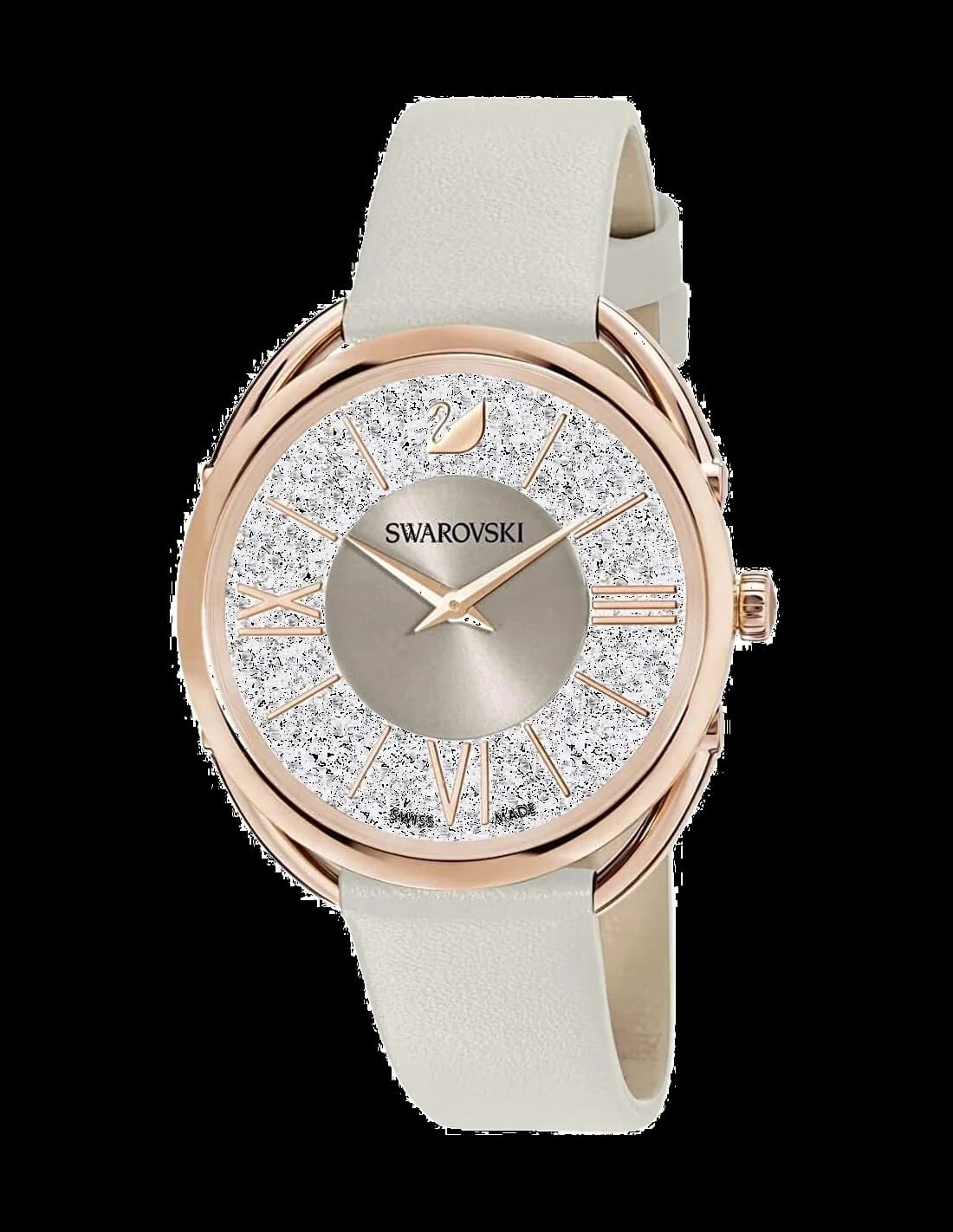 Montre Swarovski 5452455 au cadran blanc nacré et index cristal, bracelet cuir beige élégant