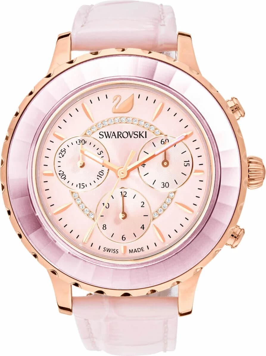 Cadran Swarovski 5452501 avec cadran blanc nacré, index dorés, aiguilles bleues et guichet date à 6h, chronographe