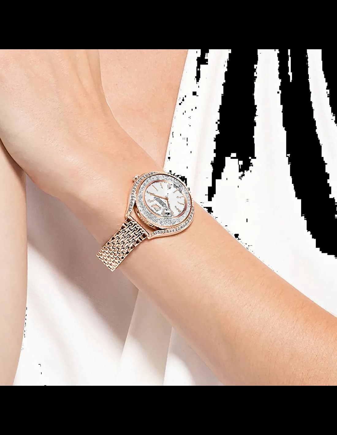 Cadran Swarovski 5519459 blanc nacré orné de cristaux Swarovski, index bâtons et aiguilles en or rose, complication date