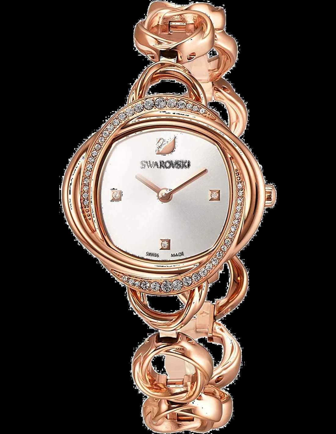 Montre Swarovski 5547626 au cadran blanc nacré orné de cristaux Swarovski, style floral élégant sur fond lumineux