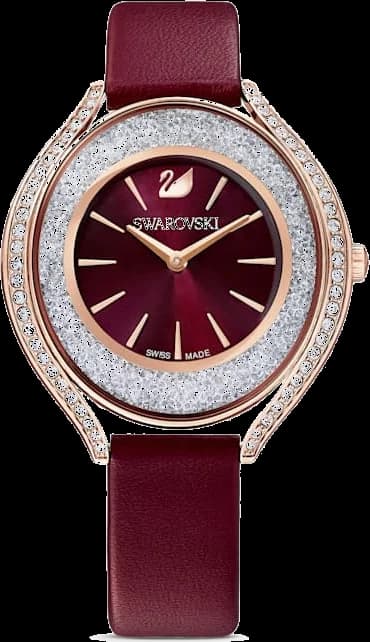 Montre Swarovski 5558637 au cadran blanc nacré, acier rose gold et bracelet cuir bordeaux pour un style élégant