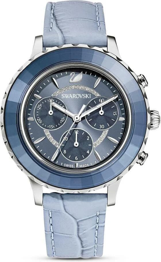 Cadran Swarovski 5580600 bleu orné de cristaux, index et aiguilles dorés, compteurs chronographe