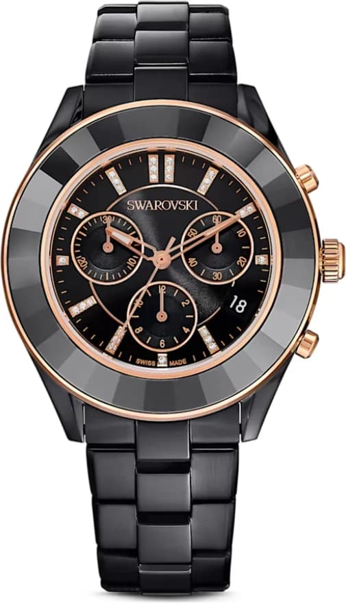 Montre Swarovski 5610472 avec cadran noir brillant, index cristal et aiguilles argentées, style sport chic