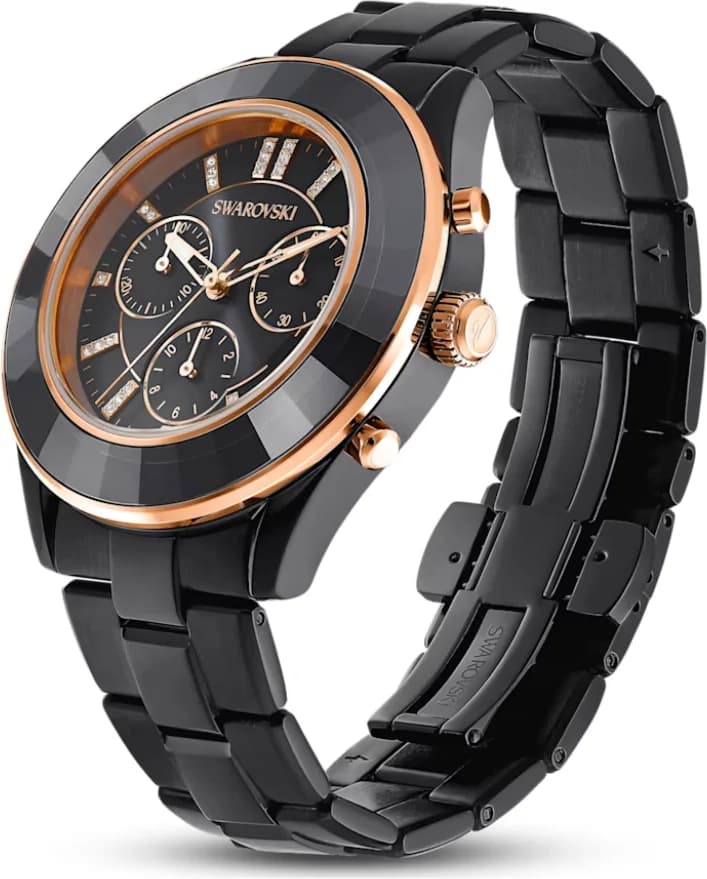 Boîtier Swarovski 5610472 rond en acier noir PVD, lunette lisse, couronne crantée et poussoirs chronographe