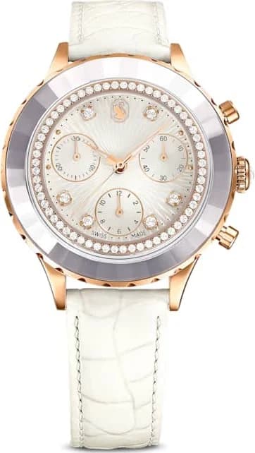 Montre Swarovski 5671150 avec cadran blanc nacré, cristaux scintillants et aiguilles dorées, style élégant sport-chic