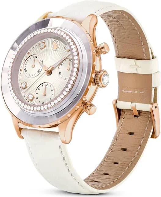Cadran Swarovski 5671150 blanc nacré avec index dorés, trois compteurs chrono et date à 4h30, finition lumineuse
