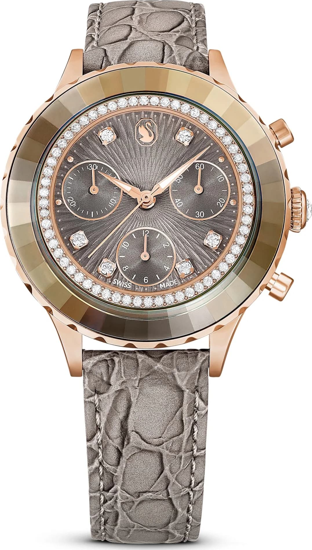 Montre Swarovski 5671153 au cadran gris soleil avec finition or rose, bracelet cuir gris clair
