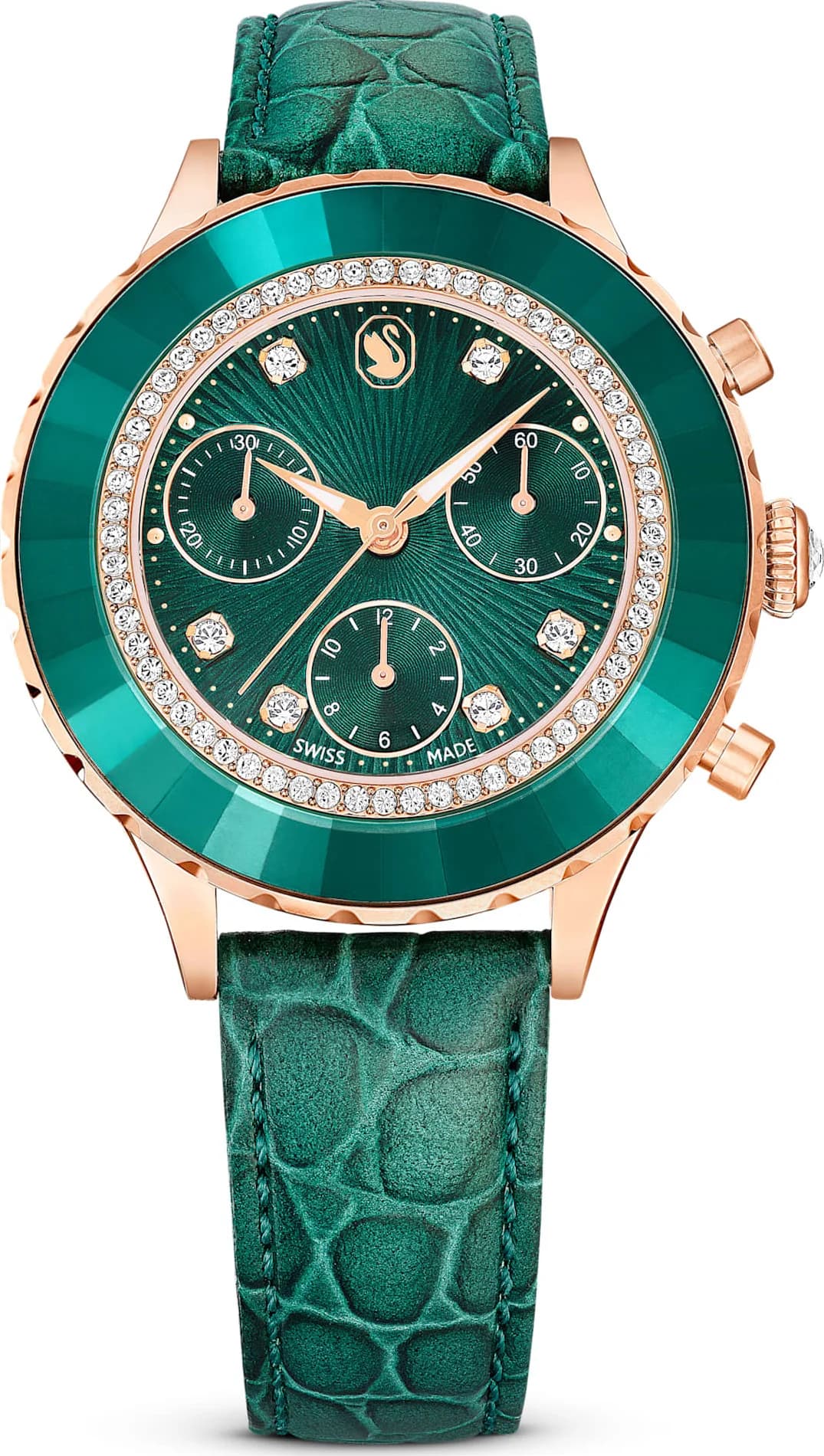 Montre Swarovski Octea Lux Chrono 5672931 bracelet cuir vert finition or rose