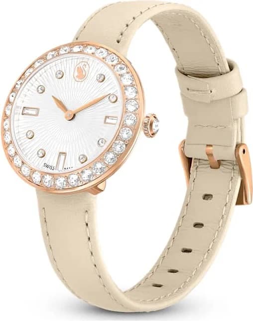 Cadran Swarovski 5672968 blanc guilloché avec index dorés et aiguilles fines, complications date et quartz précise