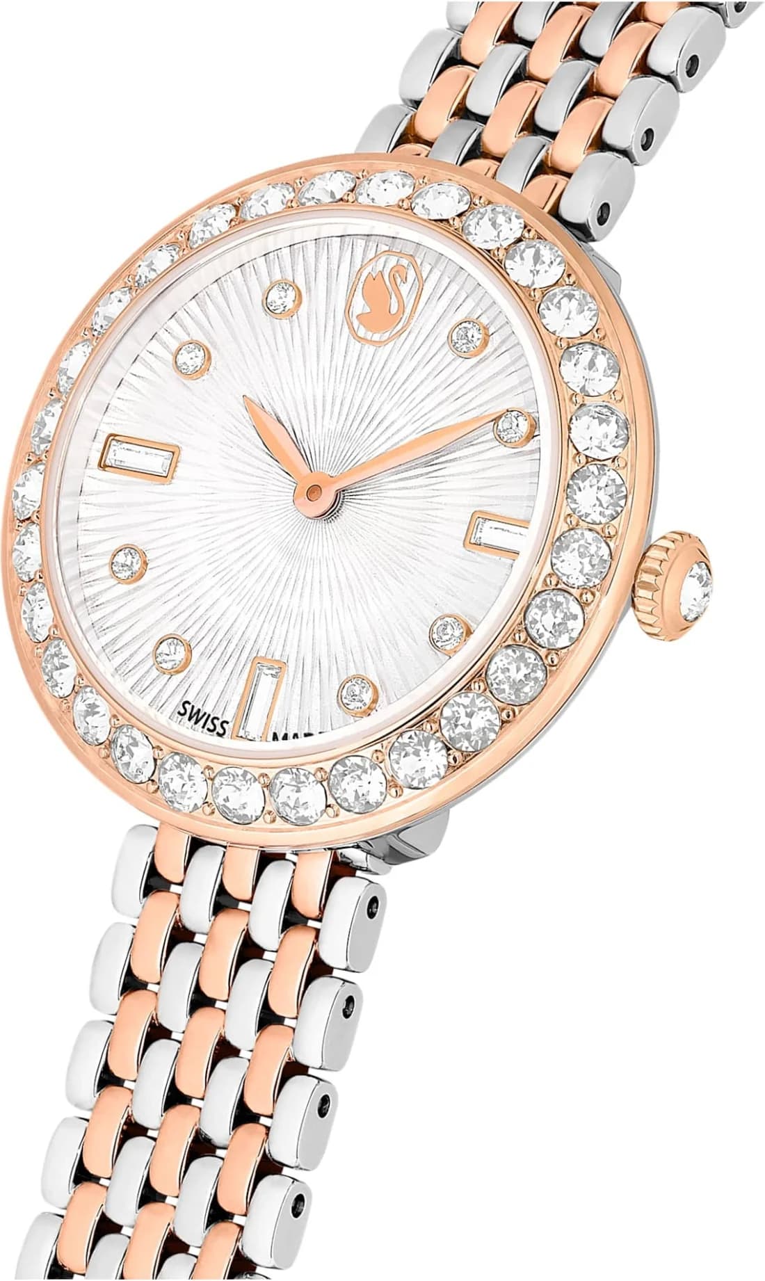 Cadran Swarovski 5672971 avec index dorés et cristaux scintillants, complication date à 3h