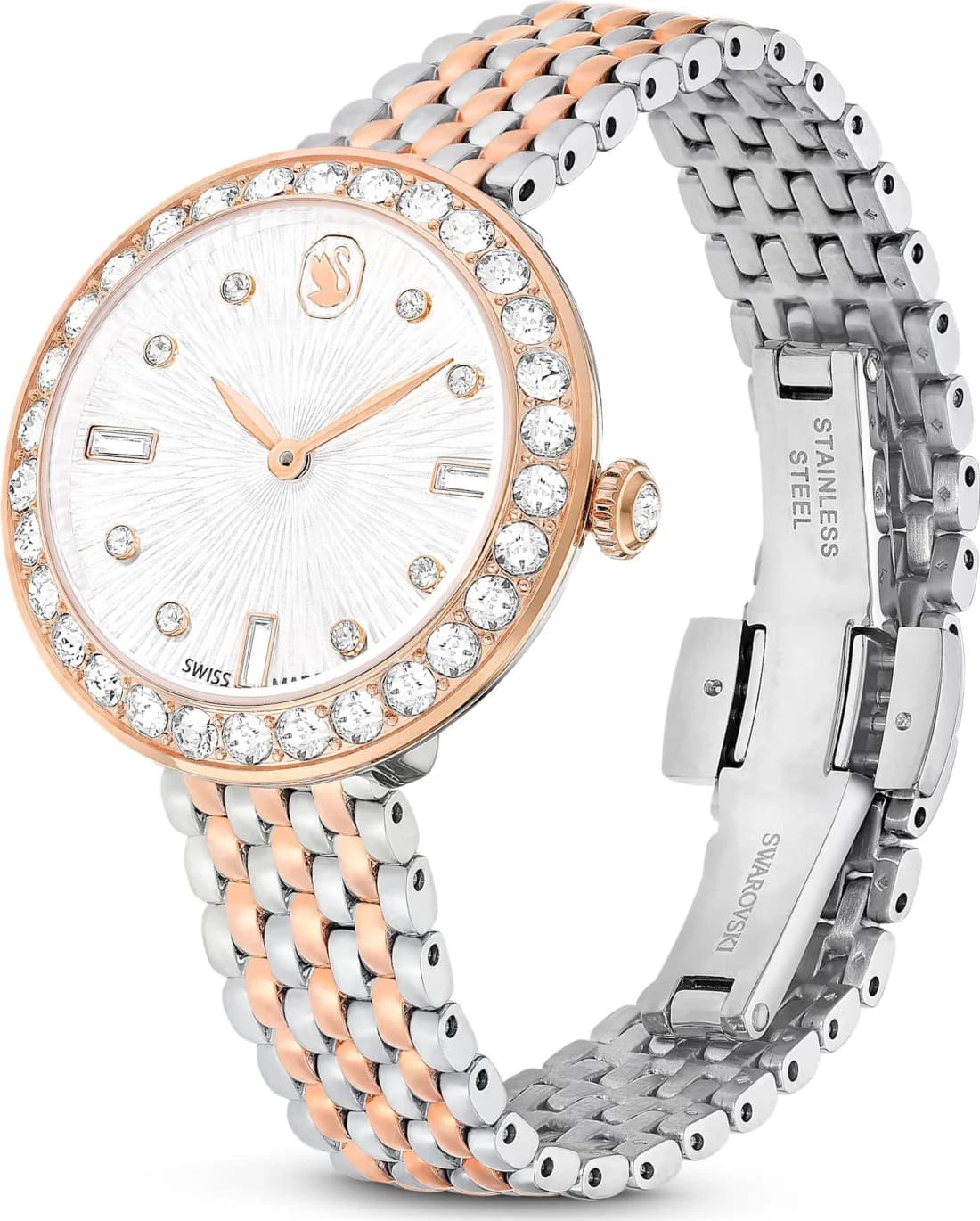 Boîtier Swarovski 5672971 rond en acier bicolore incrusté de cristaux, vue de profil épurée
