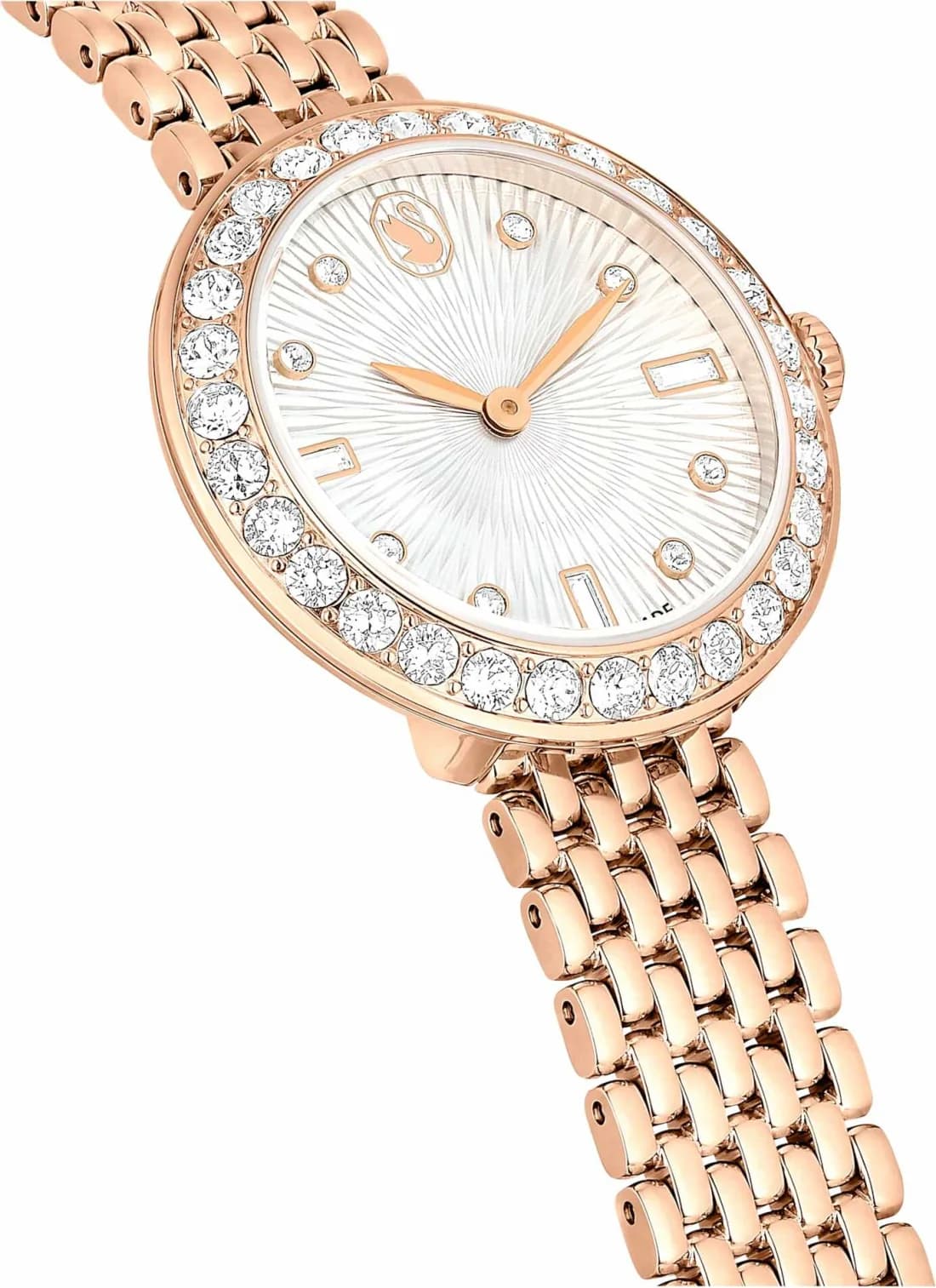 Cadran Swarovski 5672981 aux index en cristaux et aiguilles en or rose, lisibilité et éclat