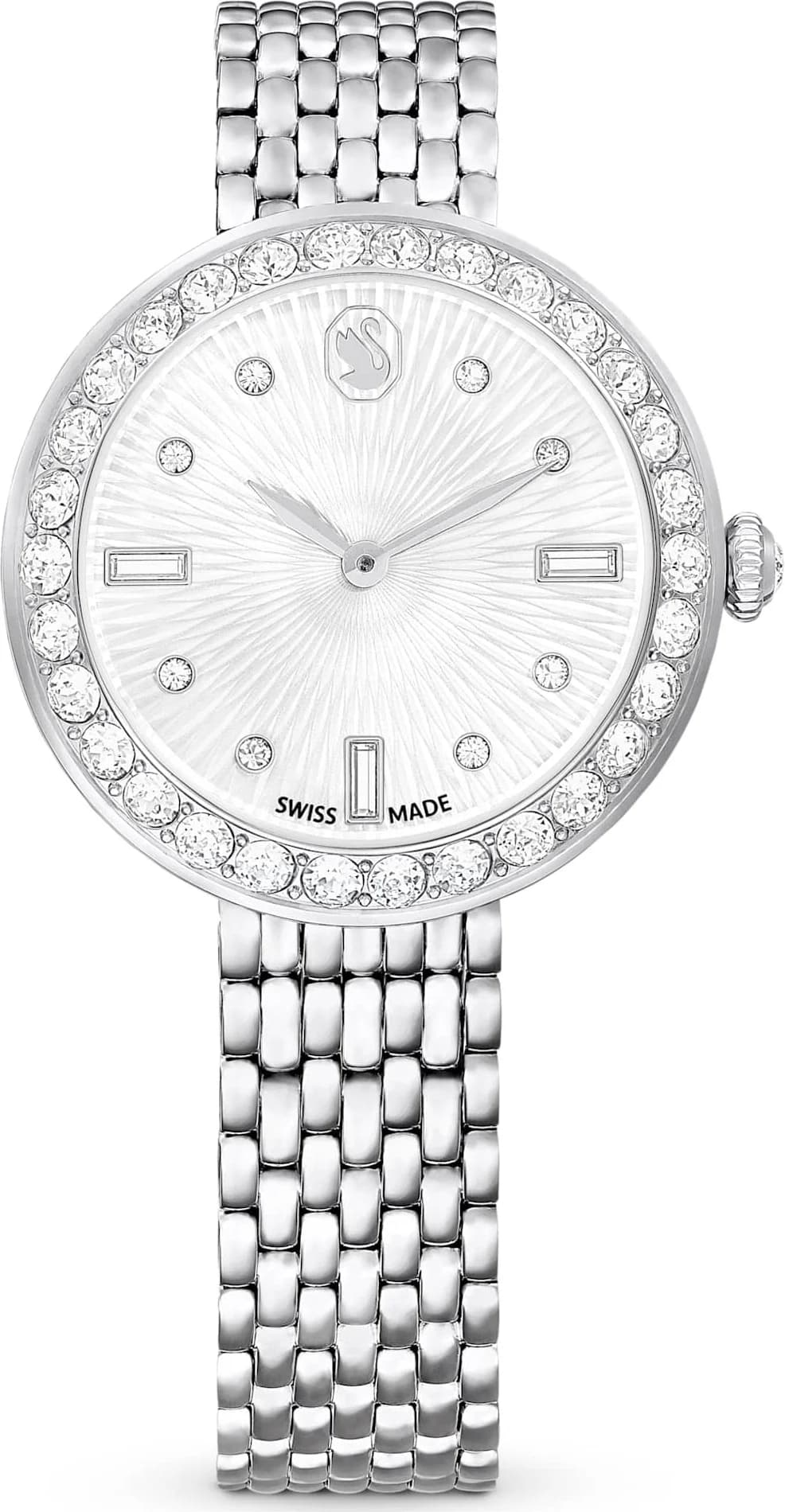 Montre Swarovski 5673022 au cadran blanc nacré, aiguilles dorées et index cristal, style élégant