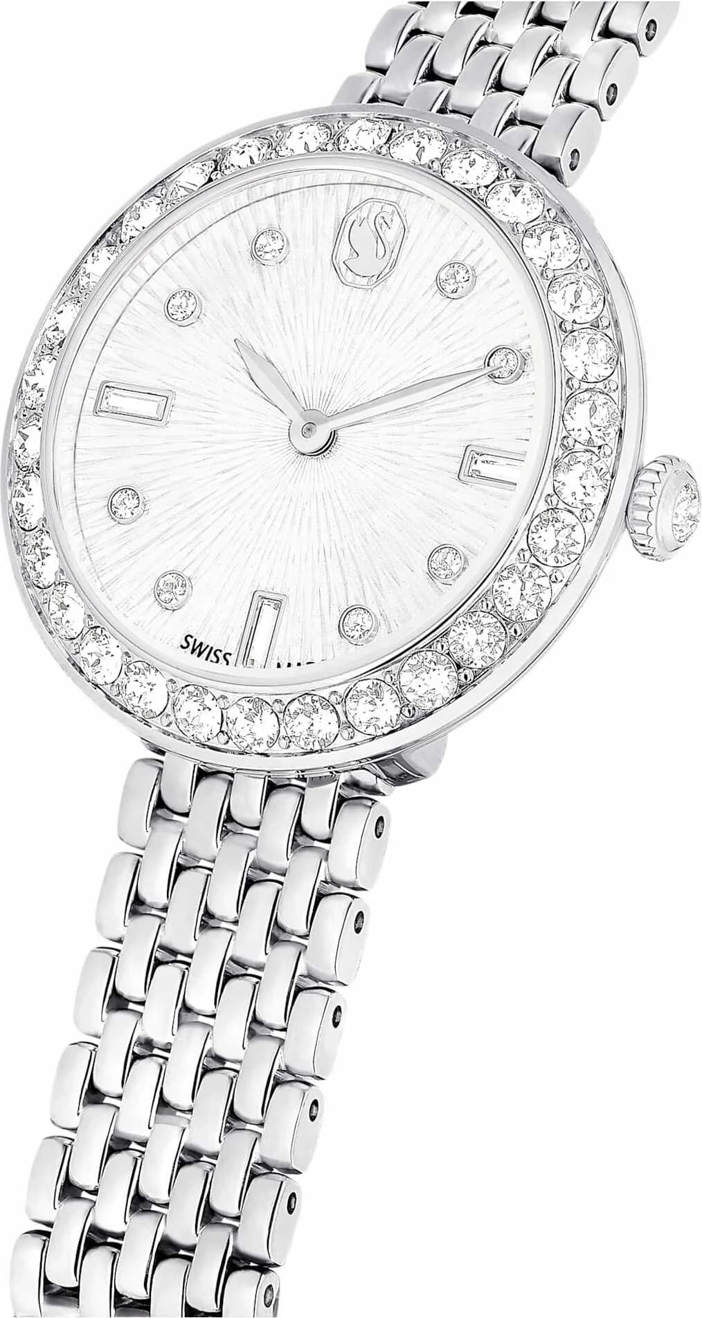 Cadran Swarovski 5673022 blanc nacré avec index en cristal, aiguilles dorées, date à 3h, design raffiné