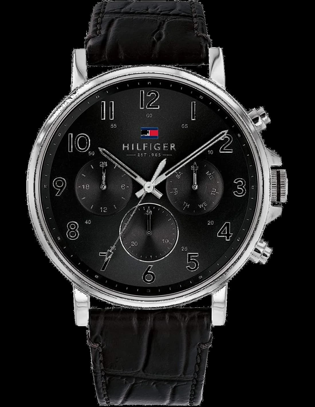 Montre Tommy Hilfiger 1710381 avec cadran noir, aiguilles argentées et index bâtons, style classique chic
