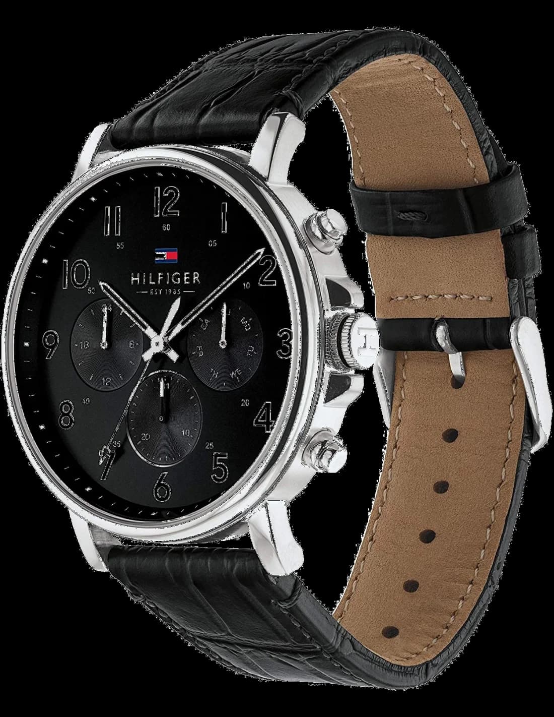 Cadran Tommy Hilfiger 1710381 noir aux index bâtons argentés, aiguilles luminescentes, date à 3h