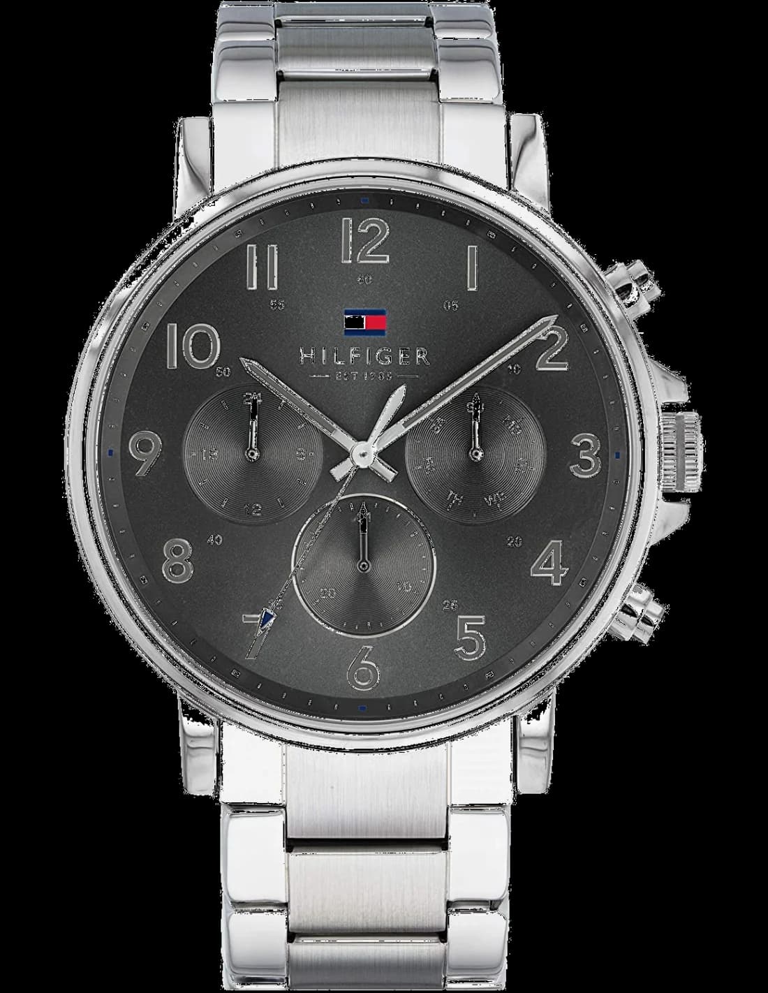 Montre Tommy Hilfiger 1710382 avec cadran noir élégant et aiguilles argentées, style classique chic