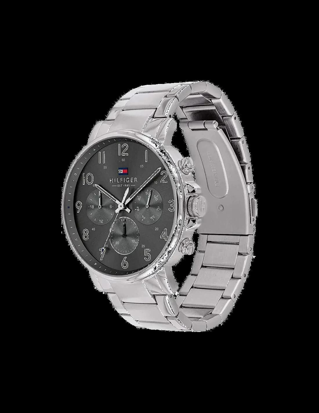 Cadran Tommy Hilfiger 1710382 affiche index bâtons argentés, guichet date à 3h, look épuré