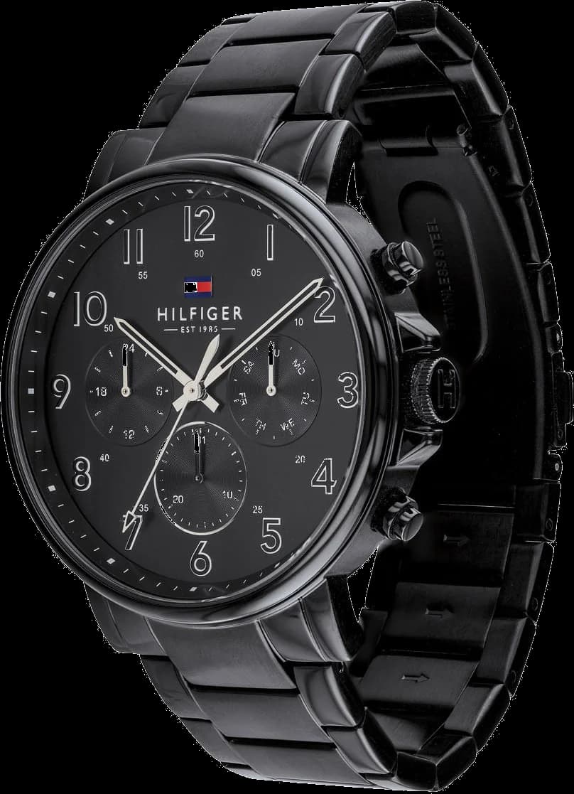 Cadran Tommy Hilfiger 1710383 noir avec compteurs chronographe et date, aiguilles luminescentes