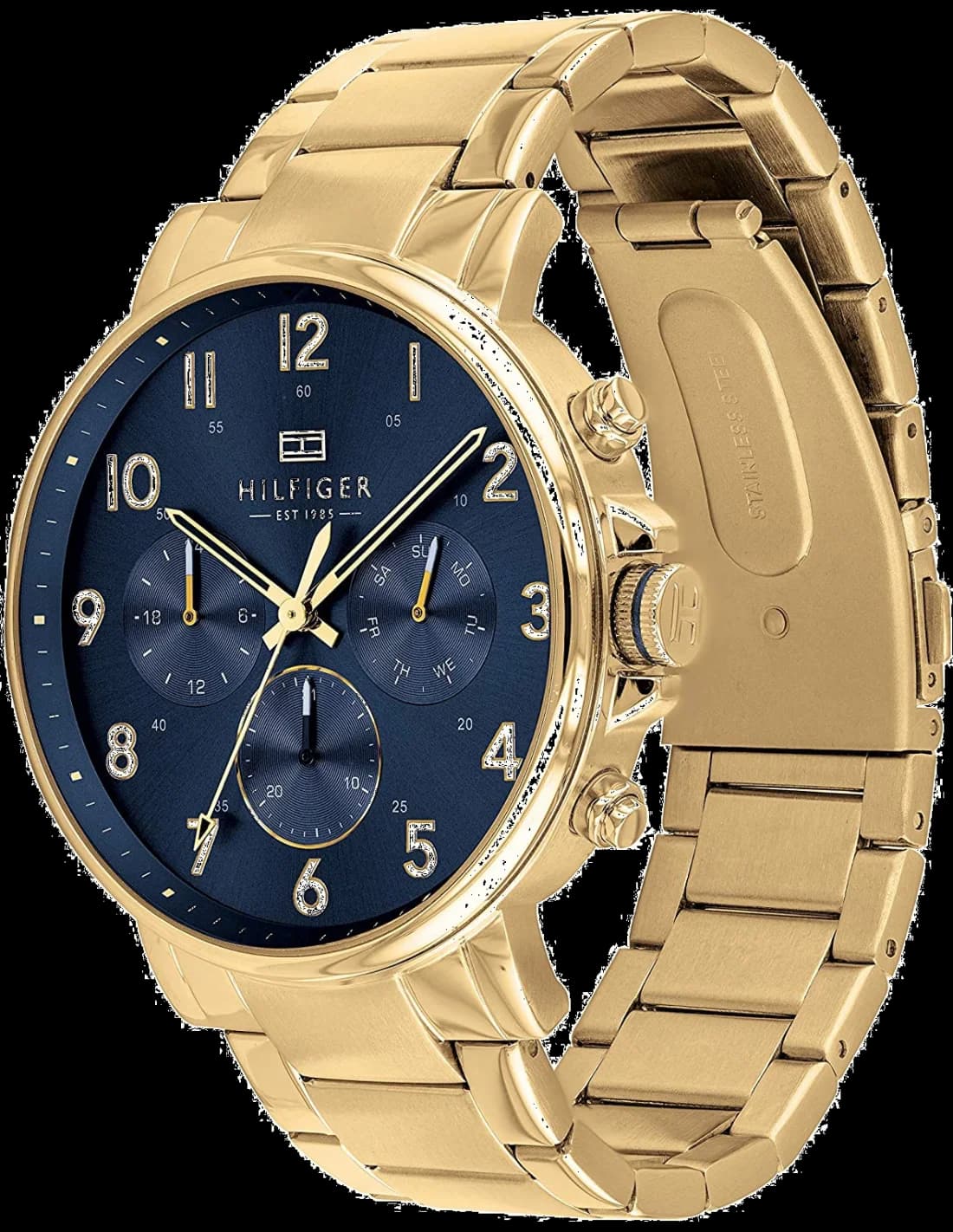 Cadran Tommy Hilfiger 1710384 avec index bâtons dorés, aiguilles fines et date à 3h