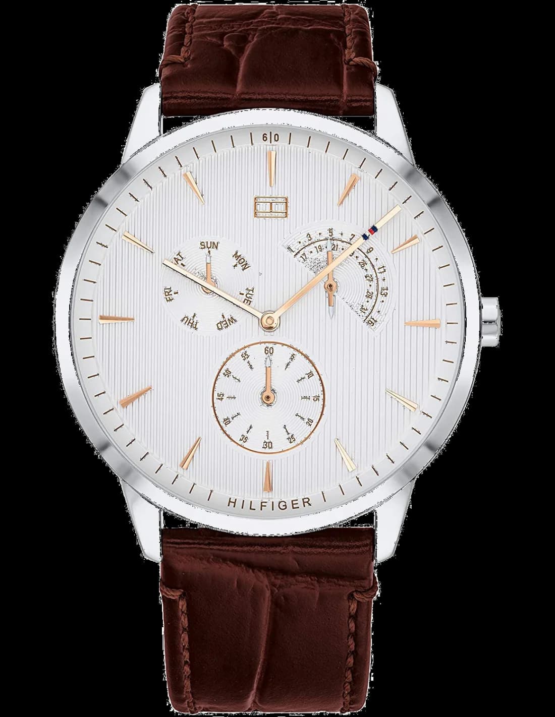 Montre Tommy Hilfiger 1710389 au cadran bleu profond et bracelet cuir marron, style classique chic