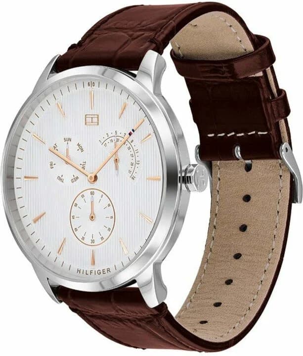Cadran Tommy Hilfiger 1710389 avec cadran bleu soleil, index appliqués, aiguilles bâton et date à 3h