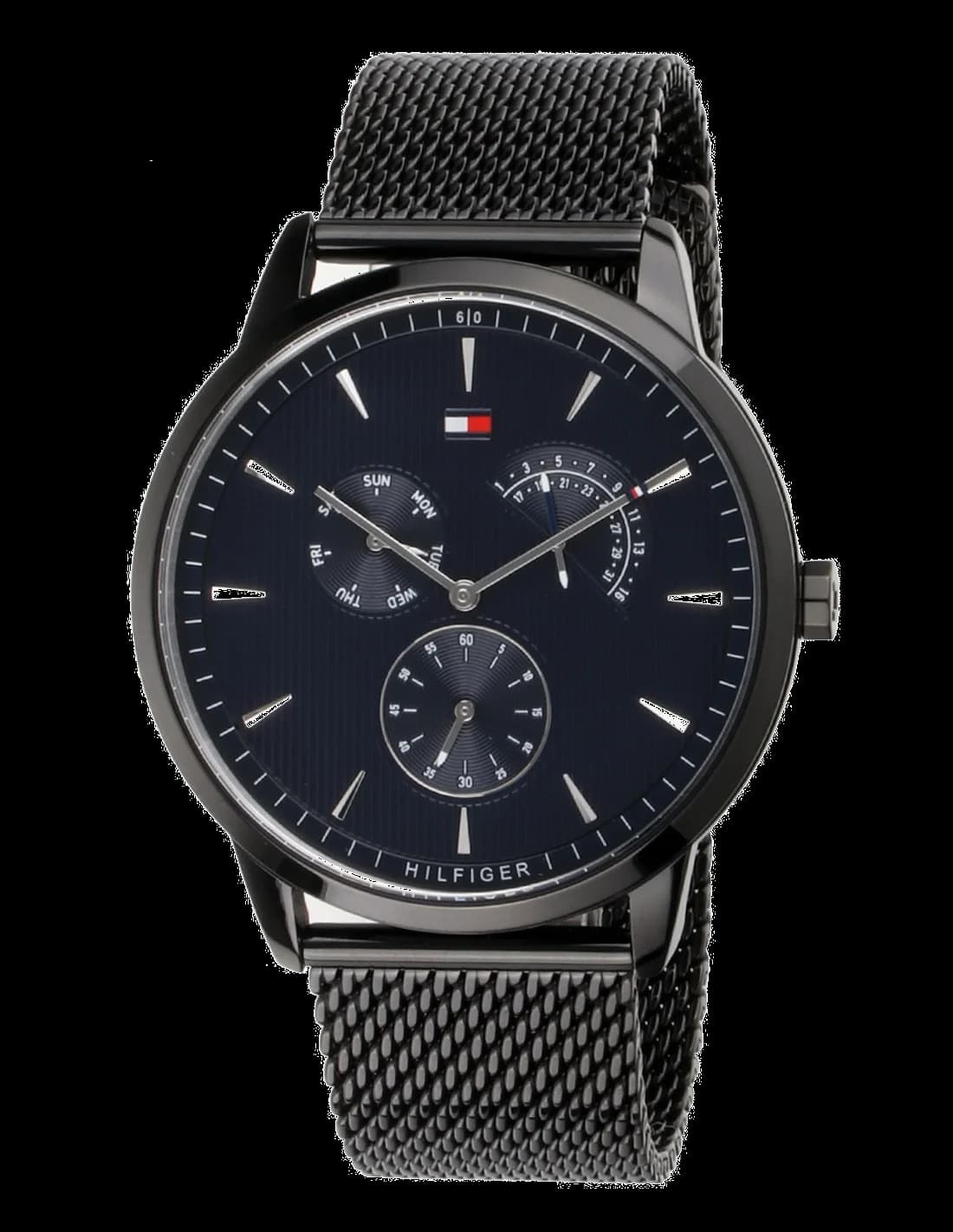 Montre Tommy Hilfiger 1710392 avec cadran bleu soleil et aiguilles argentées sur fond lumineux