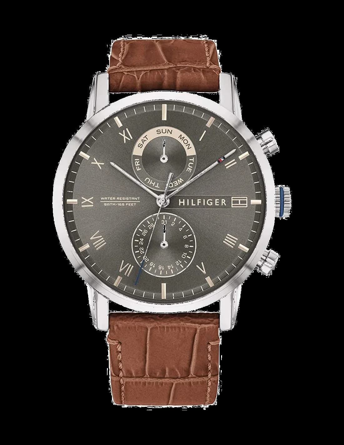 Montre Tommy Hilfiger 1710398 cadran bleu soleil, index bâtons argentés, aiguilles luminescentes, style sport chic