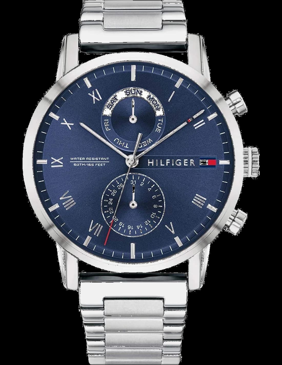 Montre Tommy Hilfiger 1710401 au cadran bleu soleil avec index bâtons et aiguilles argentées, style classique chic