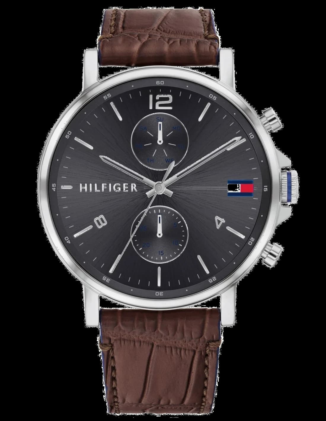 Montre Tommy Hilfiger 1710416 au cadran blanc argenté avec index bâtons et aiguilles bleues, style classique chic