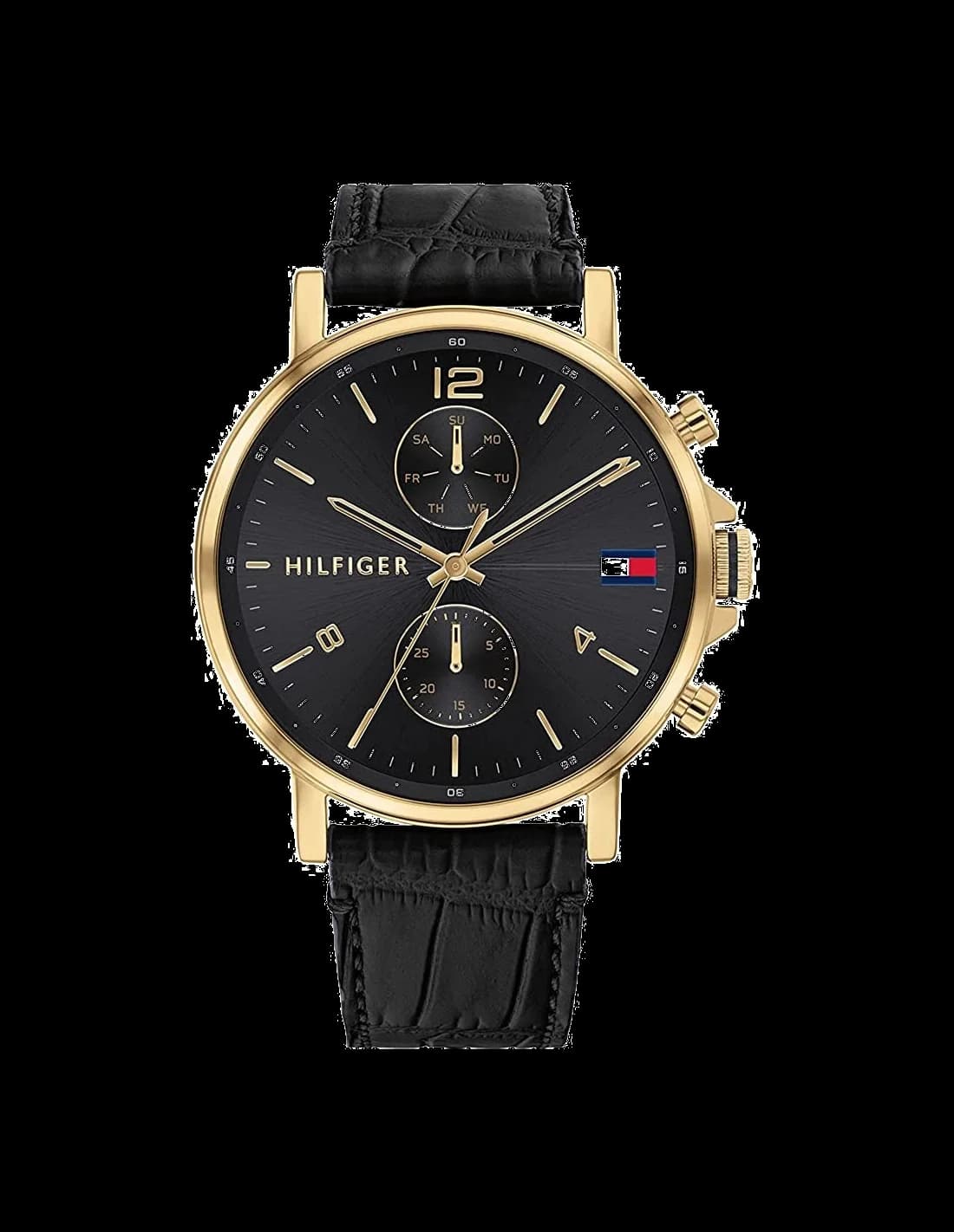 Montre Tommy Hilfiger 1710417 avec cadran blanc et index dorés sur fond soleil, style classique chic