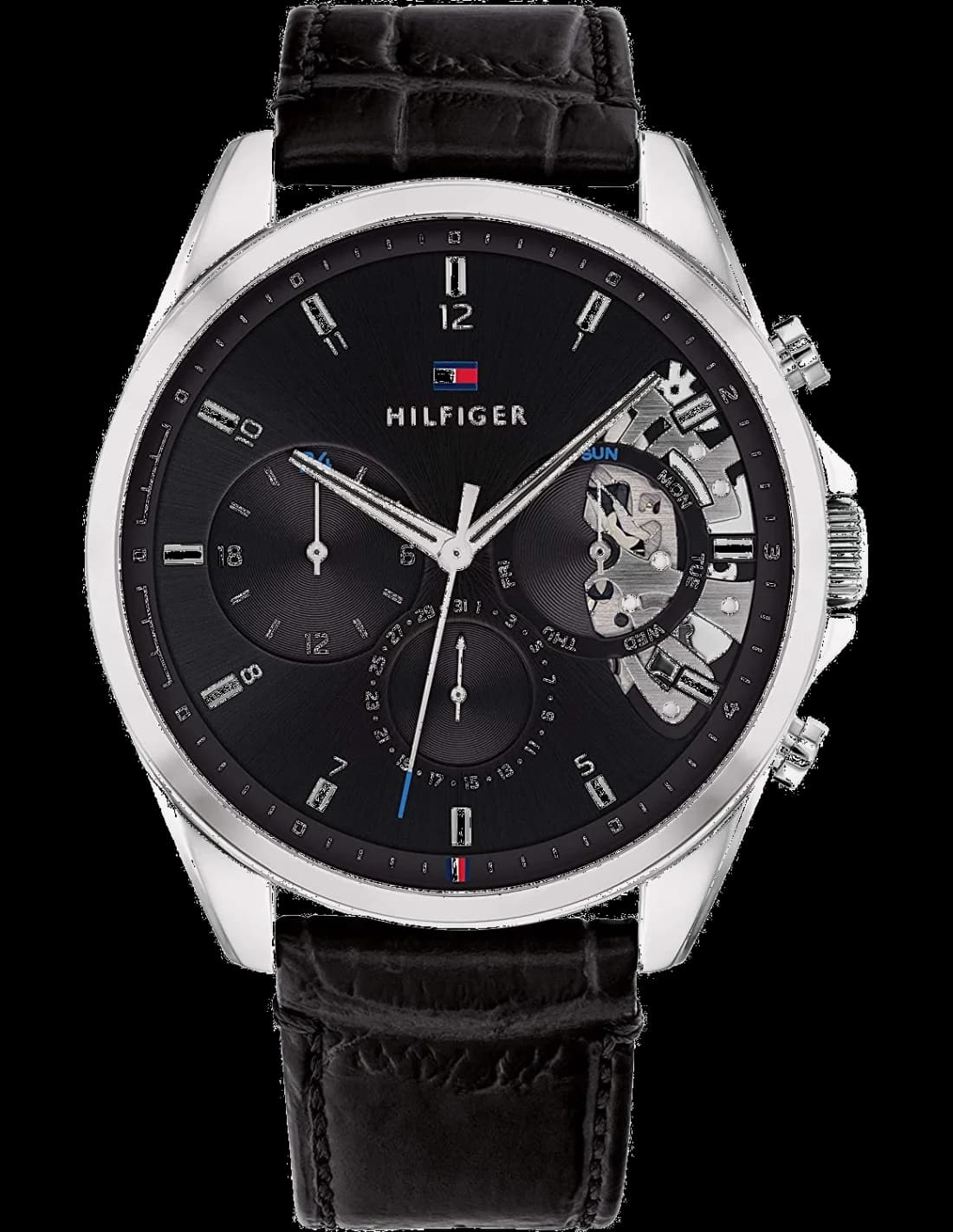Montre Tommy Hilfiger 1710449 avec cadran squelette doré et aiguilles noires, style classique et contemporain