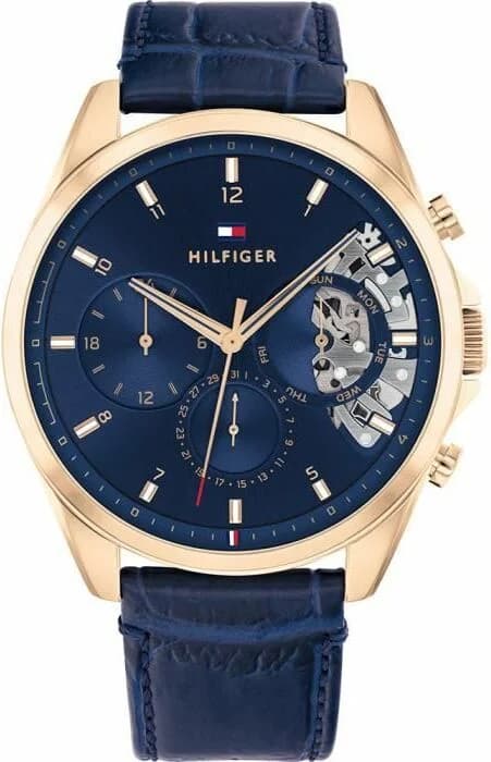 Montre Tommy Hilfiger 1710451 squelette noir avec cadran ouvert, aiguilles argentées et index bâtons sur fond noir