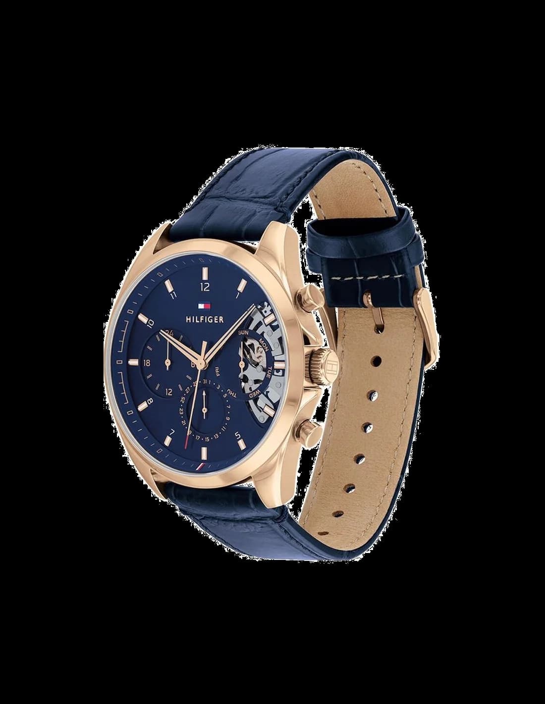 Cadran Tommy Hilfiger 1710451 squelette apparent, mouvement automatique visible, aiguilles et index bâtons argentés
