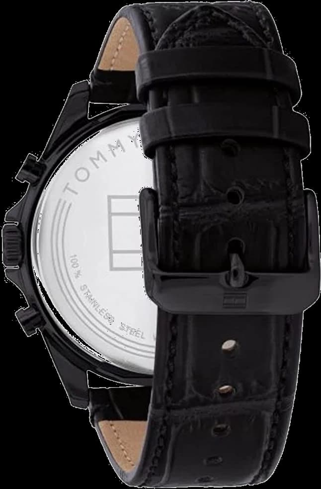 Cadran Tommy Hilfiger 1710452 squelette noir avec index bâtons argentés, aiguilles luminescentes et ouverture sur le mécanisme automatique