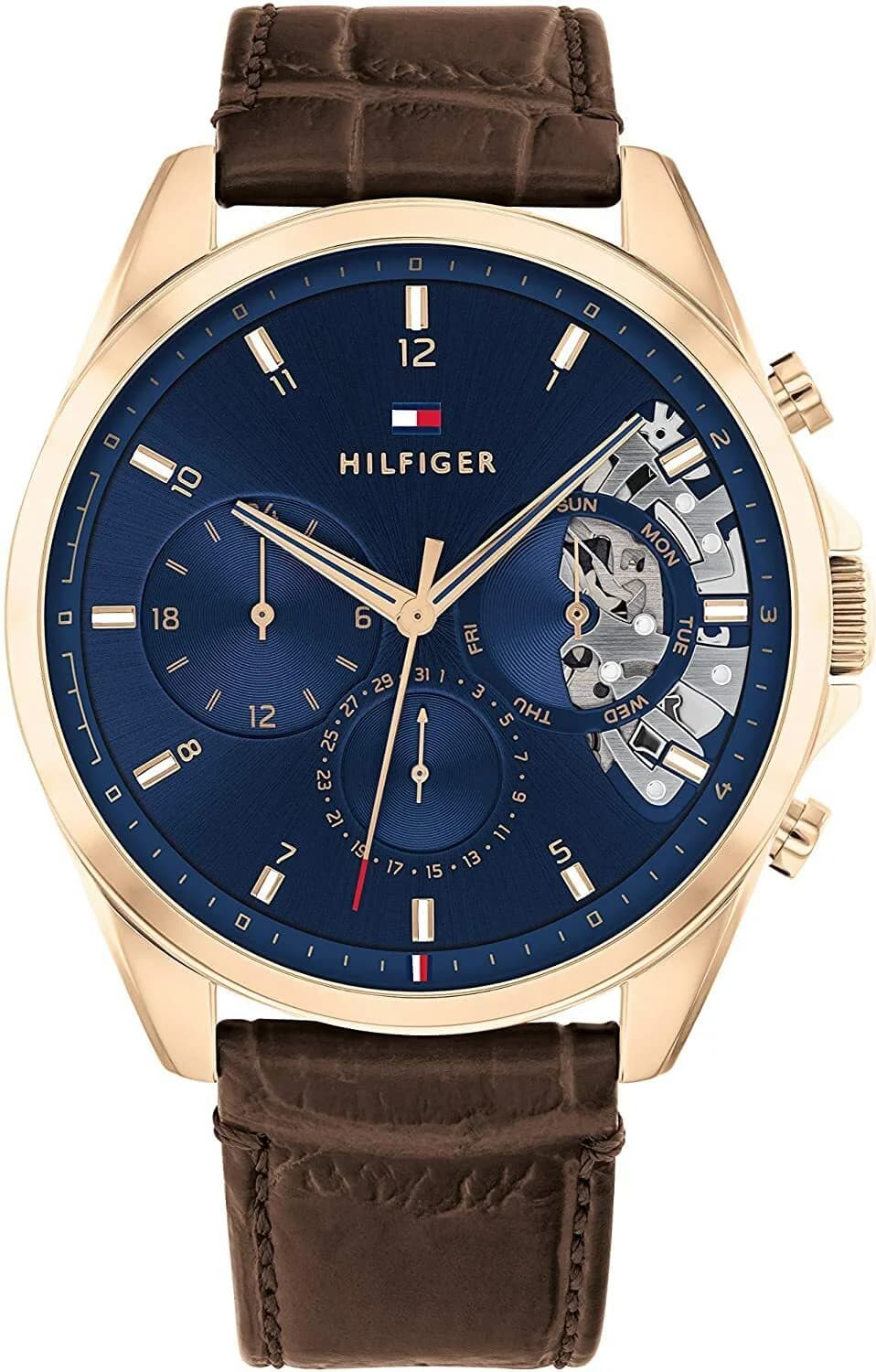 Montre Tommy Hilfiger 1710453 vue principale cadran squelette argenté, aiguilles bleues, style sport chic