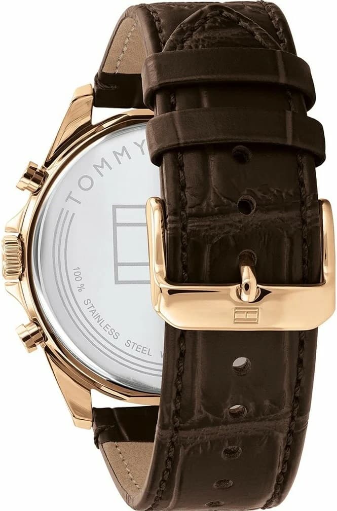 Bracelet Tommy Hilfiger 1710453 en cuir marron cousu, boucle ardillon acier, texture grainée