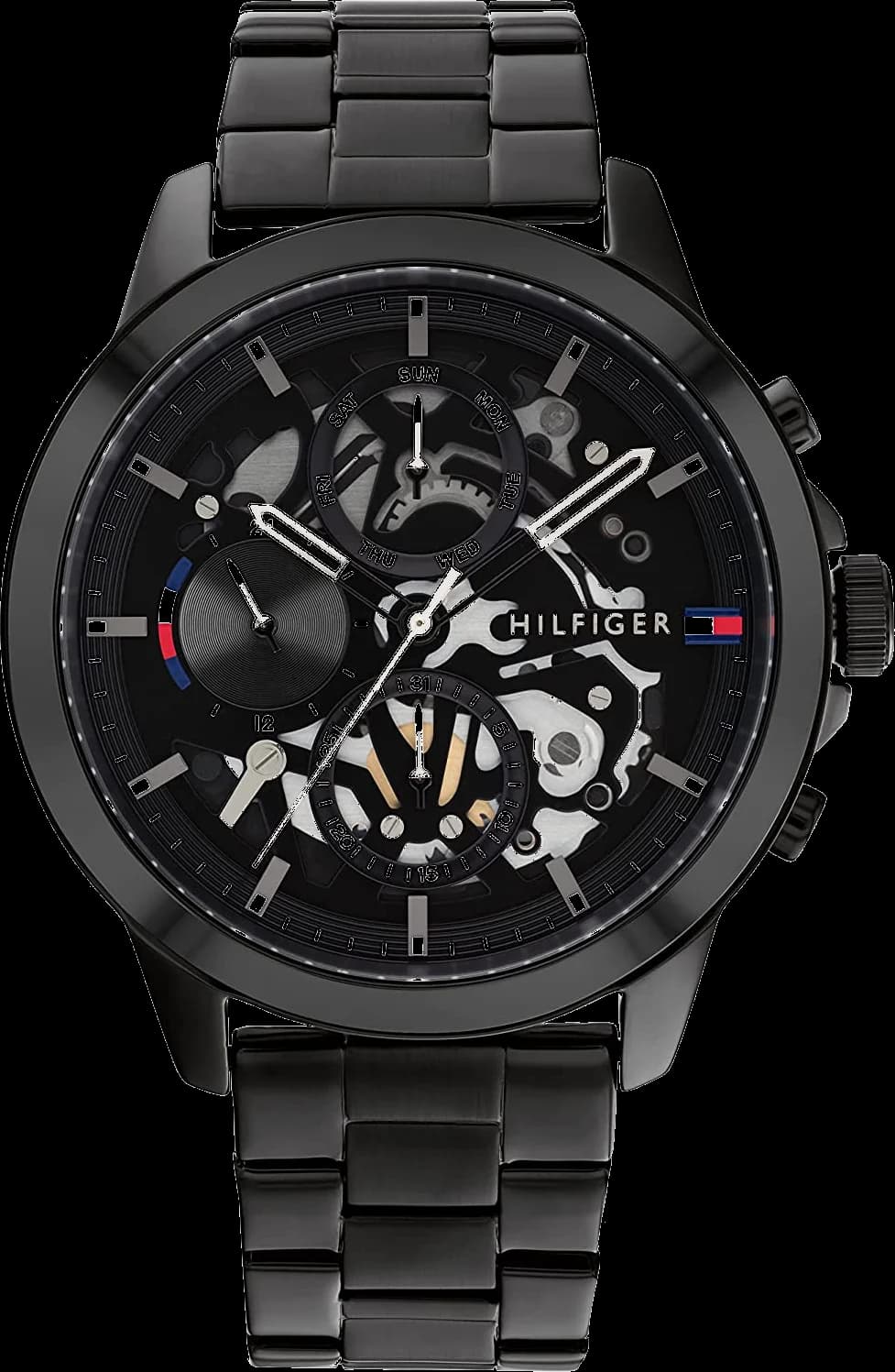 Montre Tommy Hilfiger 1710478 au cadran squelette noir laissant voir le mouvement automatique, style moderne et épuré