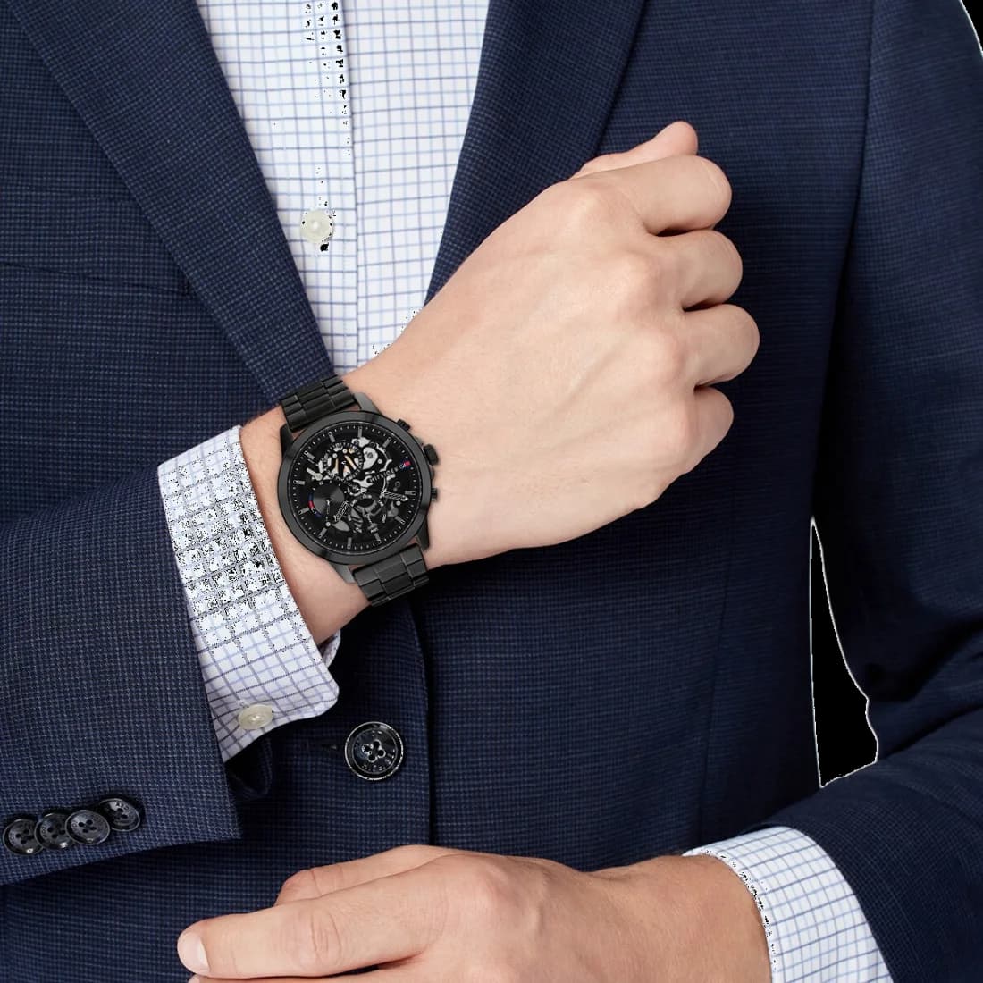 Boîtier Tommy Hilfiger 1710478 rond en acier noir brossé, verre minéral, couronne crantée et vue de profil fine