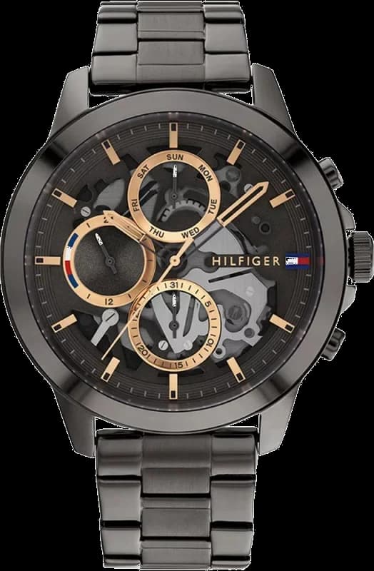 Montre Tommy Hilfiger 1710479 anthracite squelette avec cadran ouvert et style moderne sur fond sombre