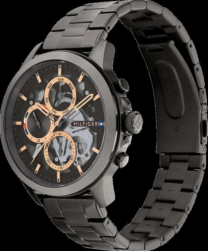 Cadran Tommy Hilfiger 1710479 squelette avec index bâtons, aiguilles squelettées et visibilité du mouvement automatique