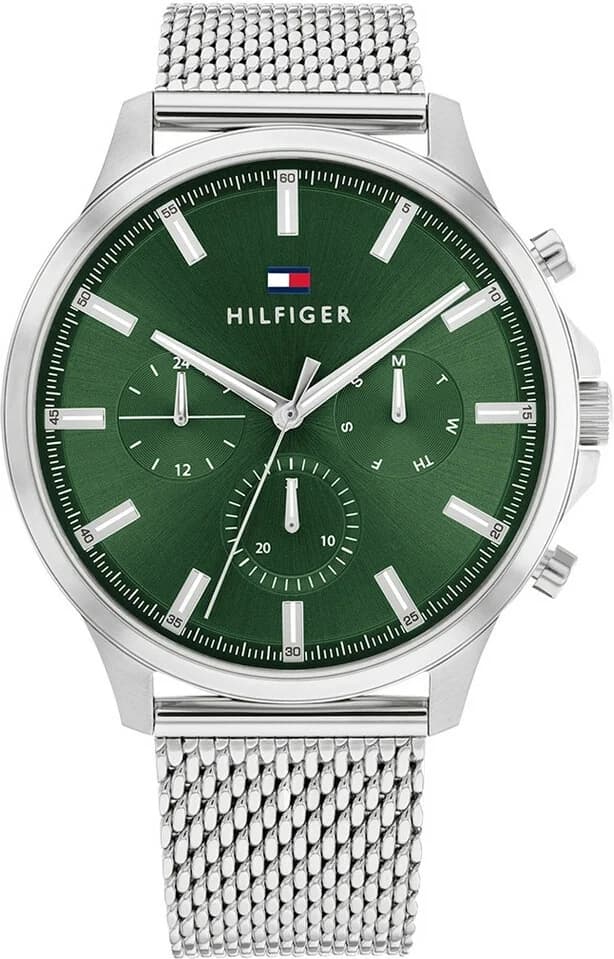 Montre Tommy Hilfiger 1710499 au cadran vert avec bracelet maille milanaise argentée et style élégant intemporel