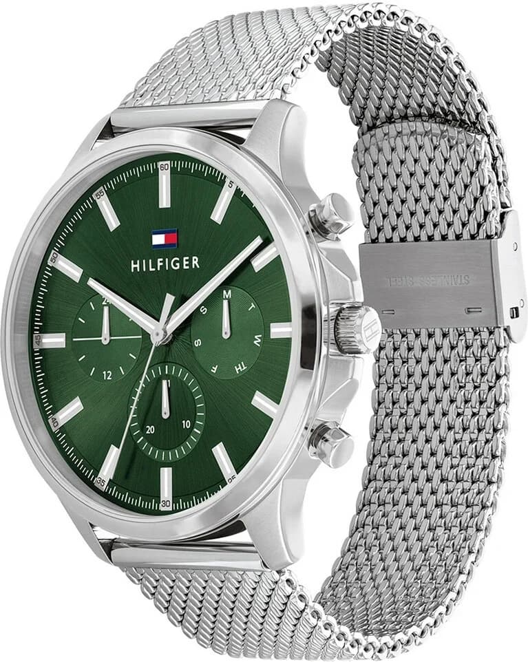 Cadran Tommy Hilfiger 1710499 au vert profond avec index bâtons et aiguilles argentées, date à 3h et logo signature