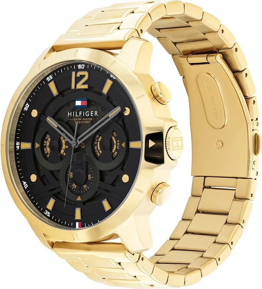 Cadran Tommy Hilfiger 1710511 avec index dorés, aiguilles dauphine et guichet date à 3h
