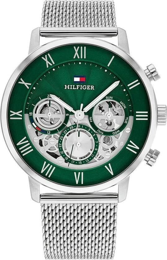 Montre Tommy Hilfiger 1710567 avec cadran vert squelette et boîtier acier argenté, design moderne et sport chic