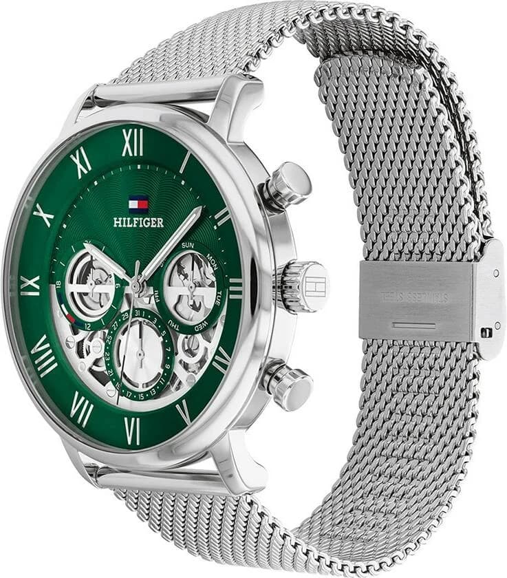 Cadran Tommy Hilfiger 1710567 vert squelette dévoilant le mouvement, index bâtons et aiguilles argentées, style contemporain