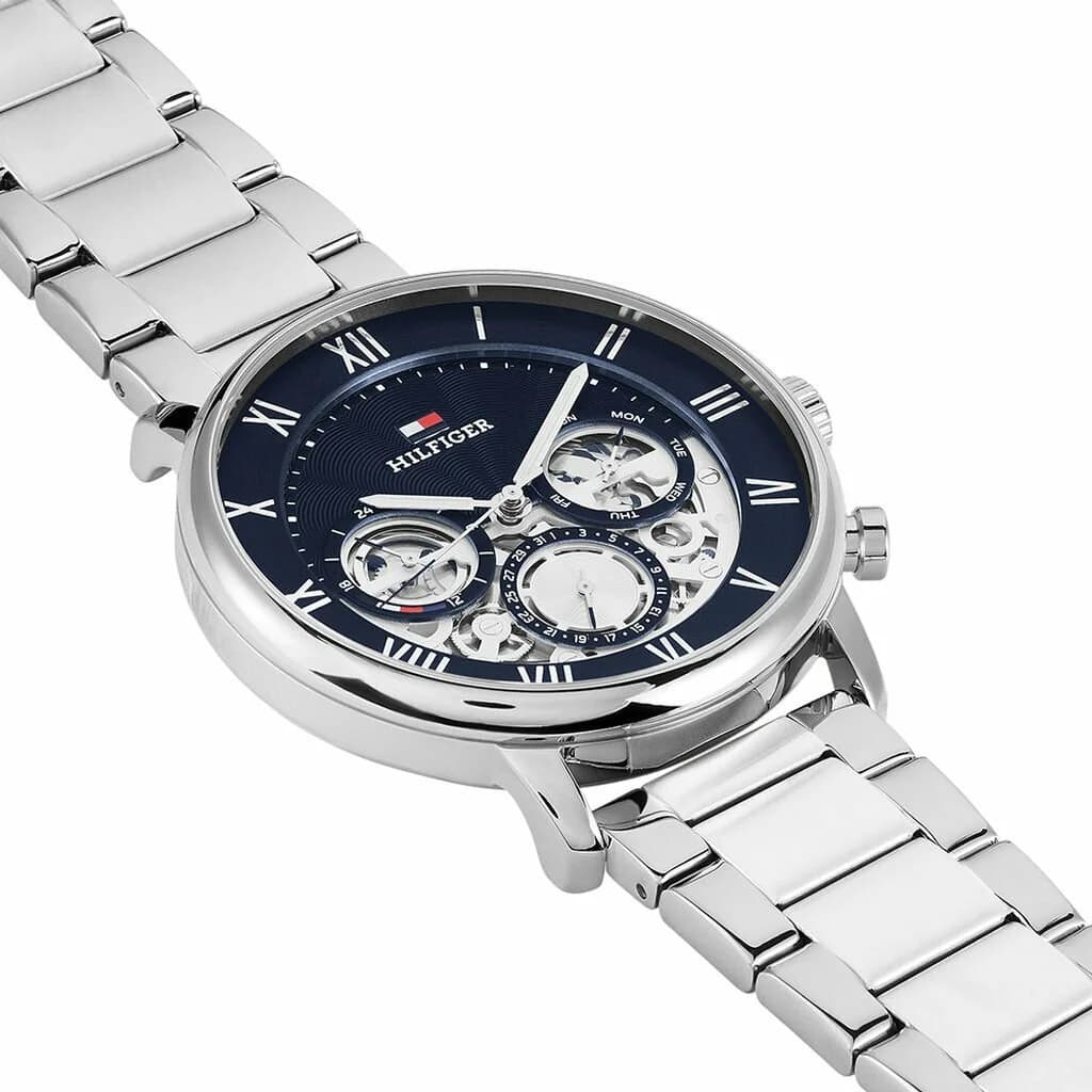 Cadran Tommy Hilfiger 1710569 squelette bleu révèle le mouvement, aiguilles argentées et index appliqués
